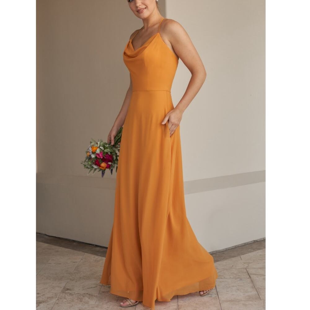 New JASMINE Butterscotch Cowl Neck Chiffon A-line Gown Size 12 PROM FAST SHIP!